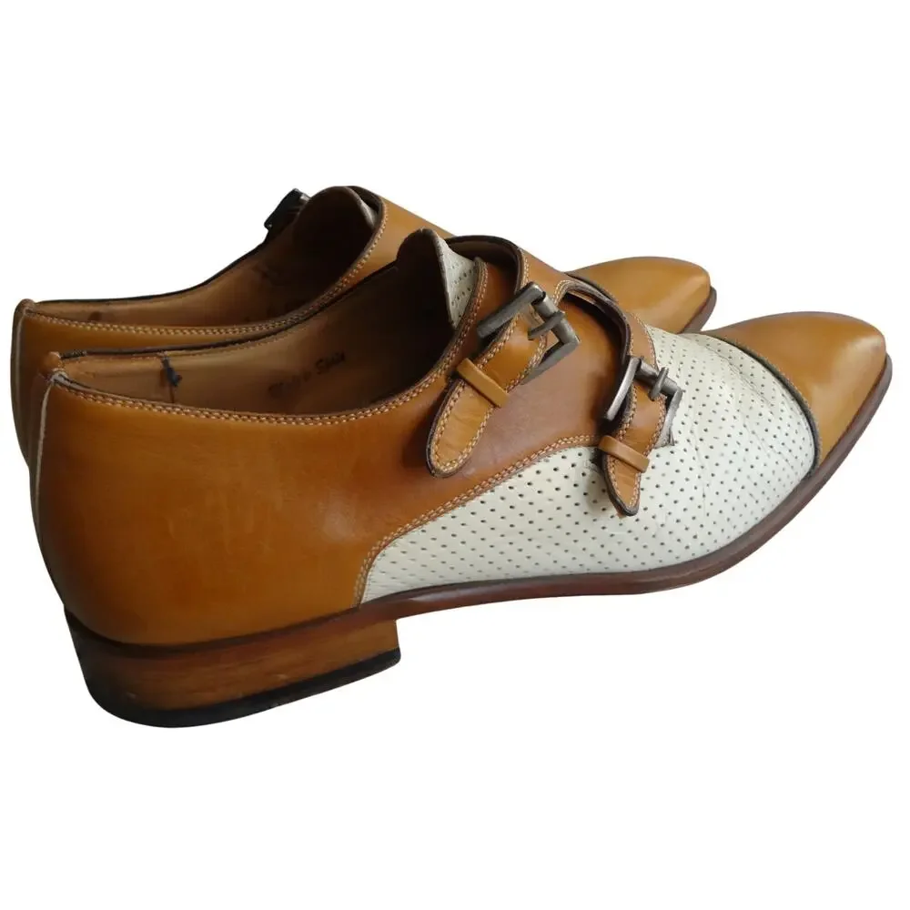 Mezlan Saber Tan White Monk Strap Dress Shoe Cap Toe Perforated Two Tone Mens 9